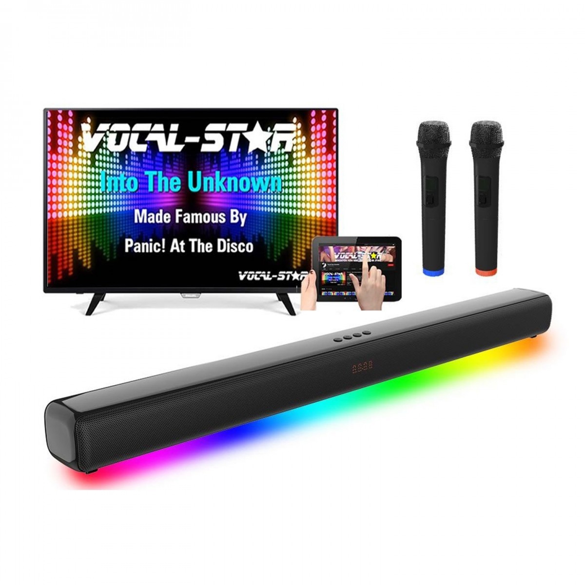 Karaoke Machine & Soundbar With 2 UHF Wireless Microphones & Light Effects
